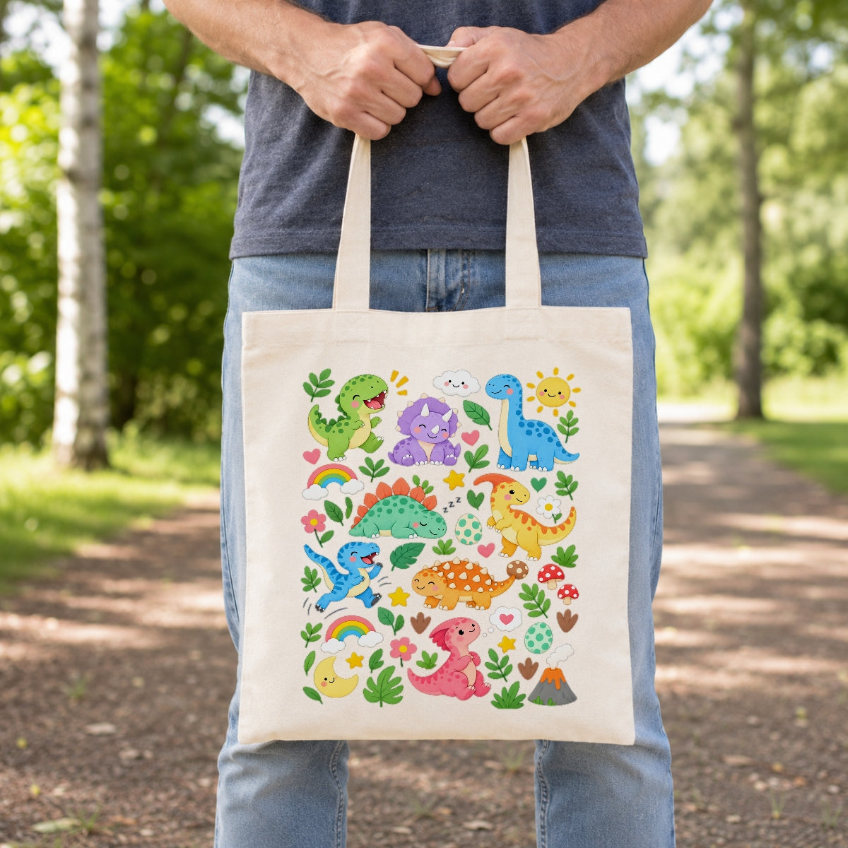 Cute Dinosaur Canvas Tote Bag Aesthetic Kawaii Dino Floral Rainbow Reusable Shopping Bags For Women Book Beach Grocery Everyday Gift Shoulder Canvas Tote Bag | teecentury