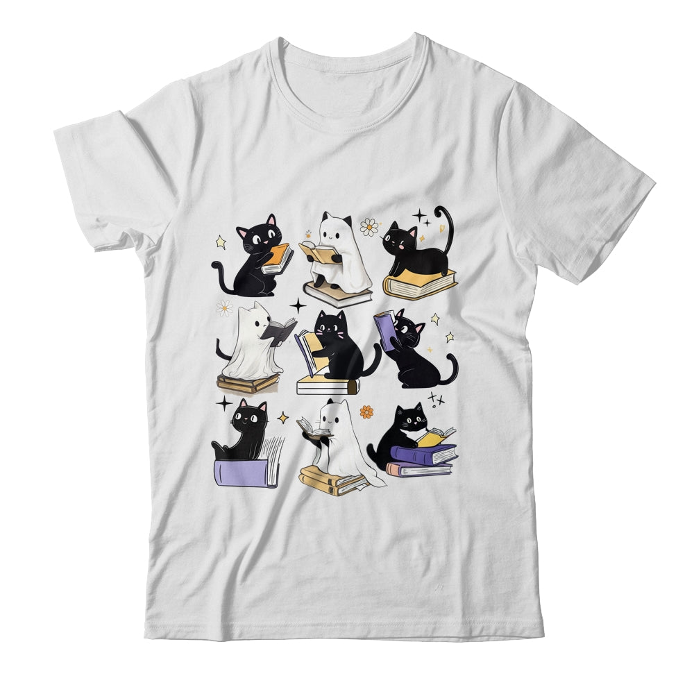 Cute Ghost Black Cat Reading Books Spooky Halloween Bookish Shirt & Sweatshirt | teecentury