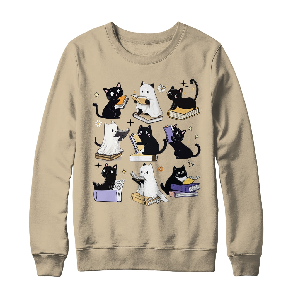 Cute Ghost Black Cat Reading Books Spooky Halloween Bookish Shirt & Sweatshirt | teecentury