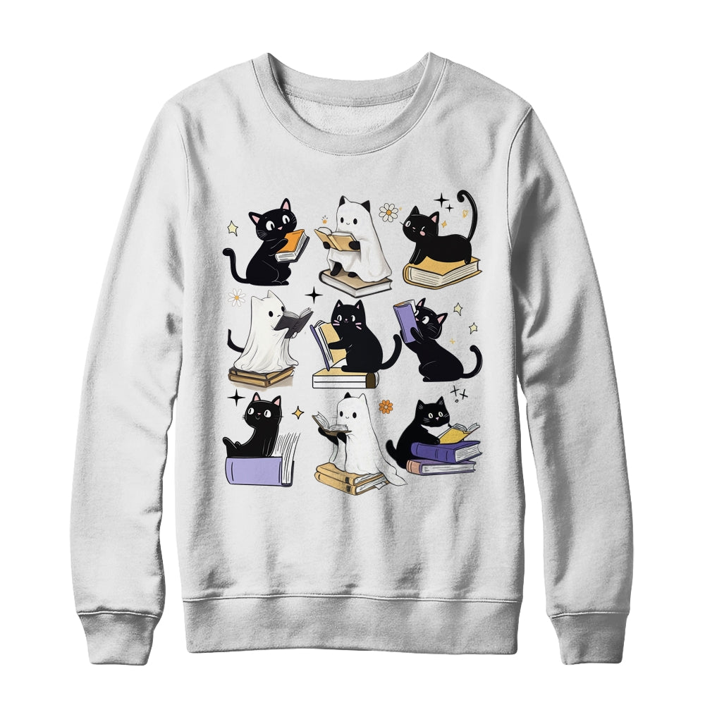 Cute Ghost Black Cat Reading Books Spooky Halloween Bookish Shirt & Sweatshirt | teecentury