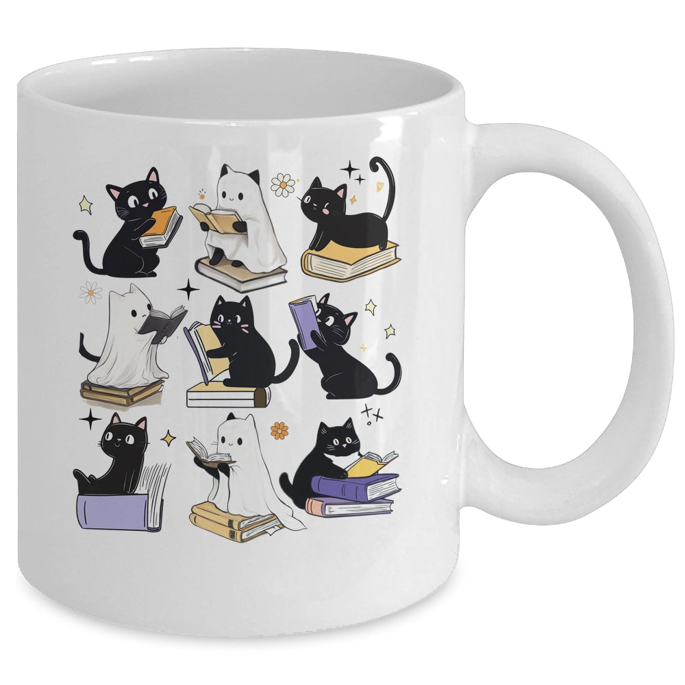 Cute Ghost Black Cat Reading Books Spooky Halloween Bookish Mug | teecentury