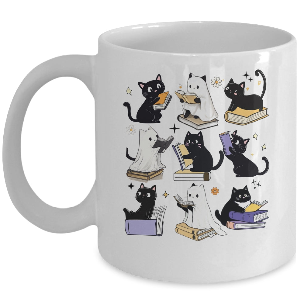 Cute Ghost Black Cat Reading Books Spooky Halloween Bookish Mug | teecentury