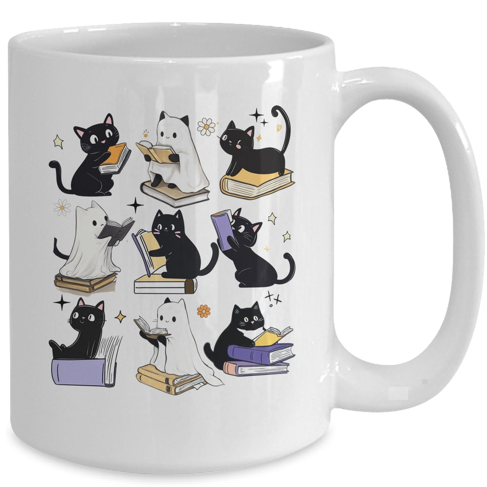 Cute Ghost Black Cat Reading Books Spooky Halloween Bookish Mug | teecentury