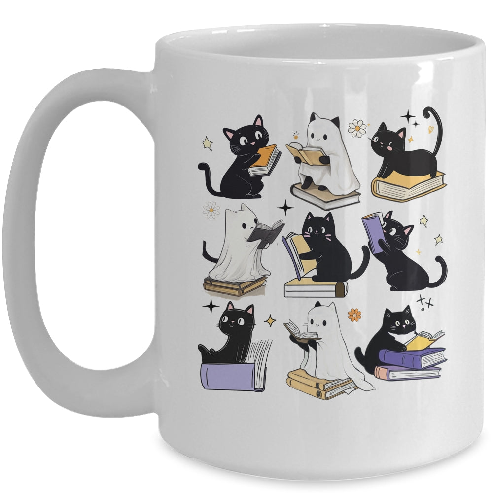Cute Ghost Black Cat Reading Books Spooky Halloween Bookish Mug | teecentury