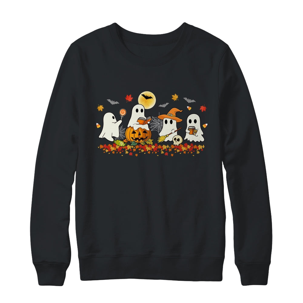 Cute Ghost Drinking Coffee Halloween Fall Ghost Reading Book Shirt & Sweatshirt | teecentury