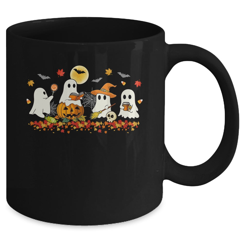 Cute Ghost Drinking Coffee Halloween Fall Ghost Reading Book Mug | teecentury