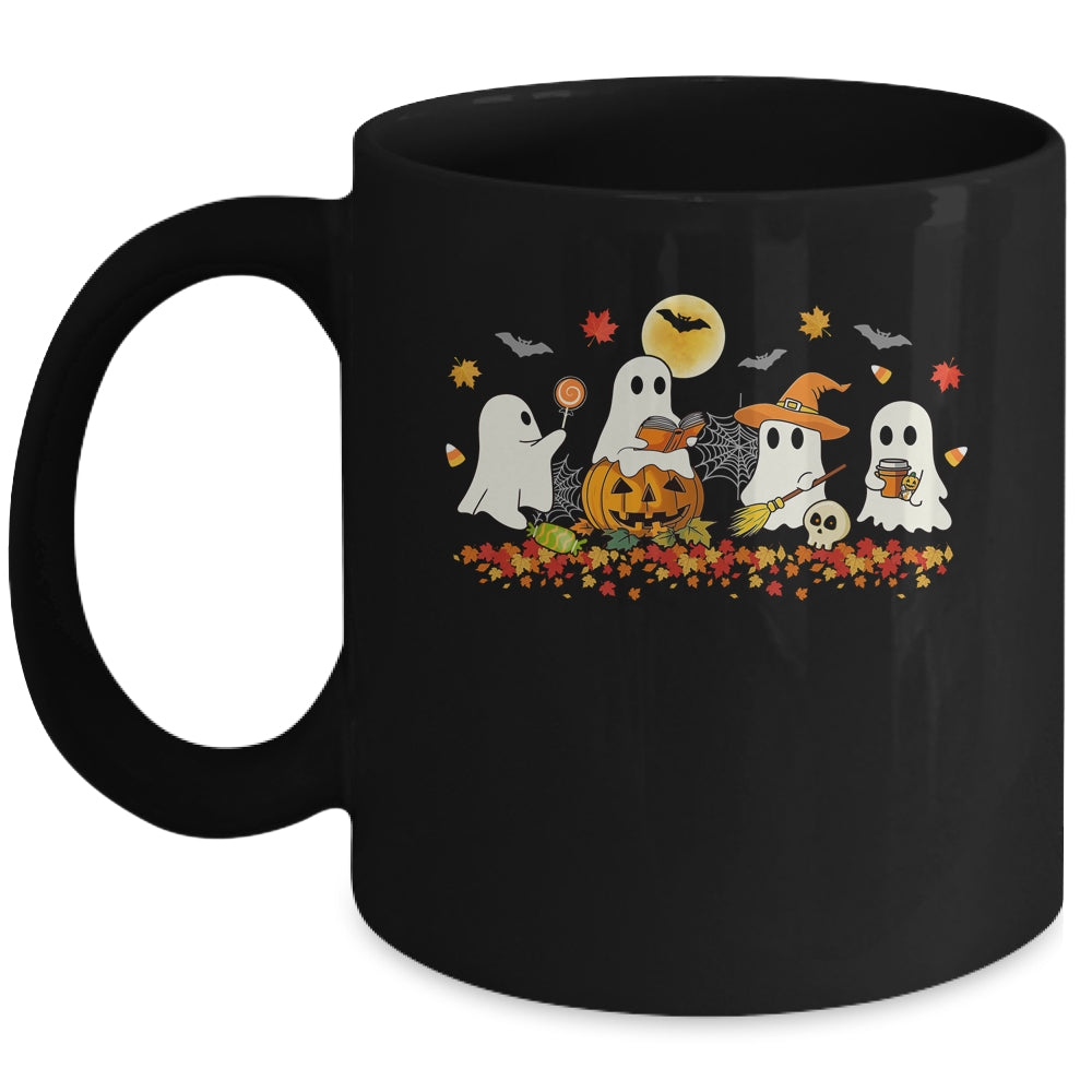 Cute Ghost Drinking Coffee Halloween Fall Ghost Reading Book Mug | teecentury