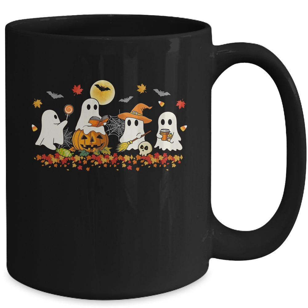 Cute Ghost Drinking Coffee Halloween Fall Ghost Reading Book Mug | teecentury