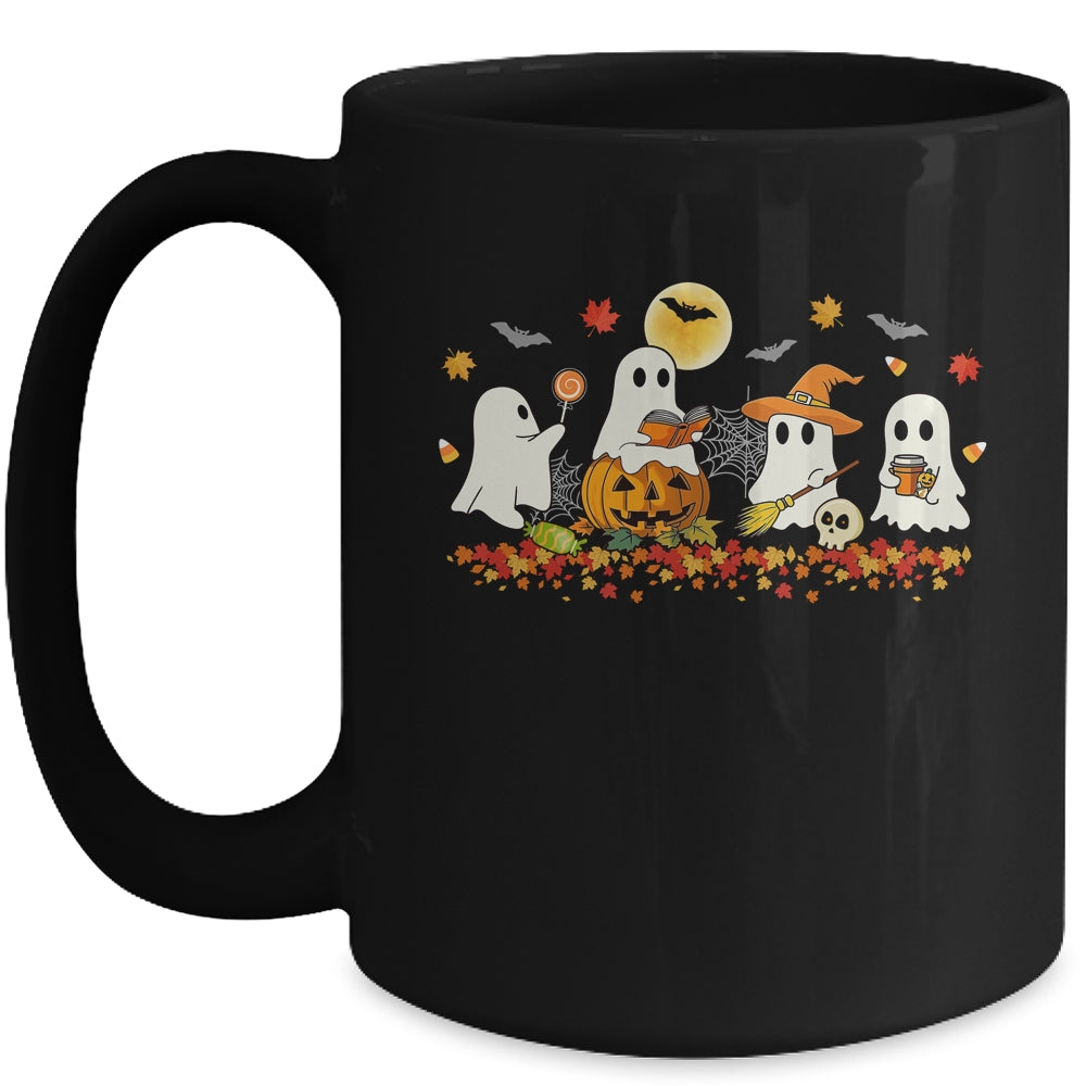 Cute Ghost Drinking Coffee Halloween Fall Ghost Reading Book Mug | teecentury