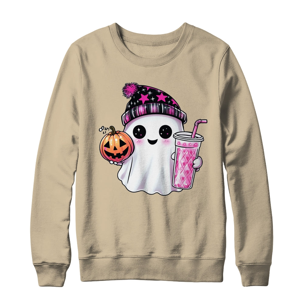 Cute Ghost Drinking Coffee Halloween Ghost Ice Coffee Womens Shirt & Sweatshirt | teecentury