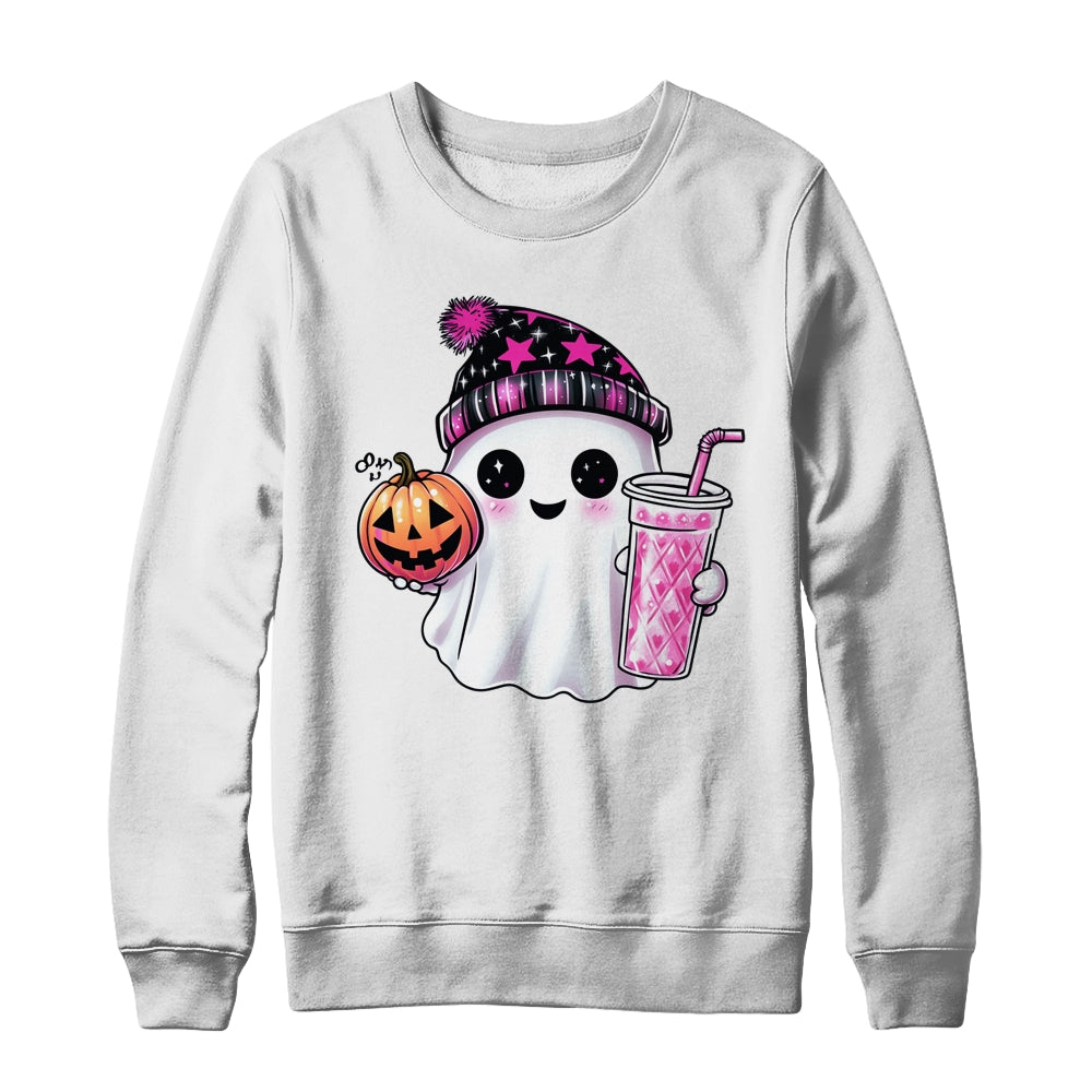 Cute Ghost Drinking Coffee Halloween Ghost Ice Coffee Womens Shirt & Sweatshirt | teecentury