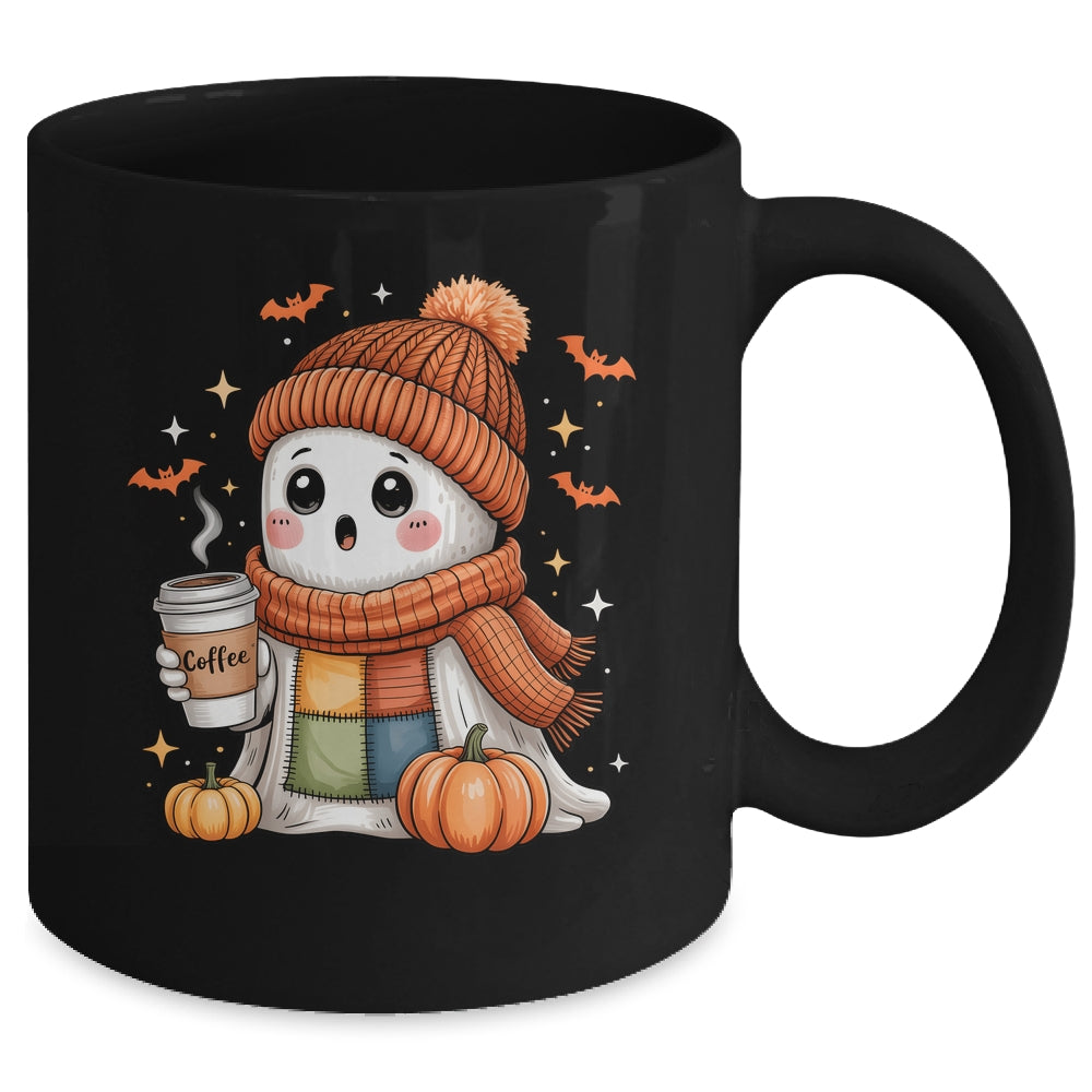 Cute Ghost Drinking Coffee Halloween Patchwork Ghost Women Mug | teecentury