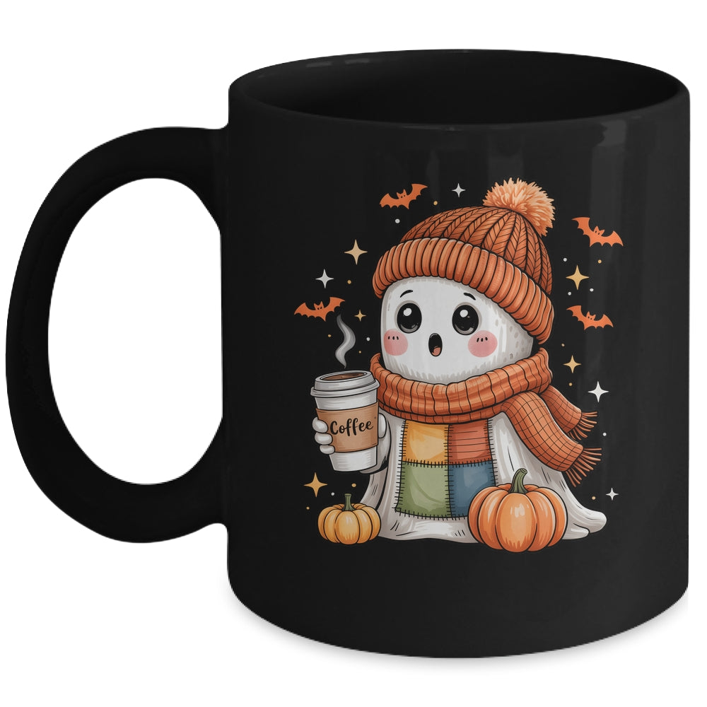 Cute Ghost Drinking Coffee Halloween Patchwork Ghost Women Mug | teecentury