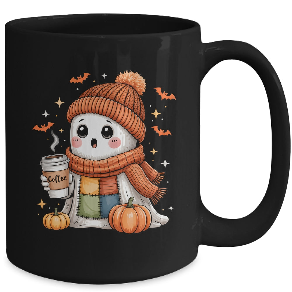 Cute Ghost Drinking Coffee Halloween Patchwork Ghost Women Mug | teecentury