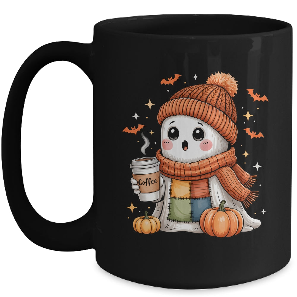 Cute Ghost Drinking Coffee Halloween Patchwork Ghost Women Mug | teecentury
