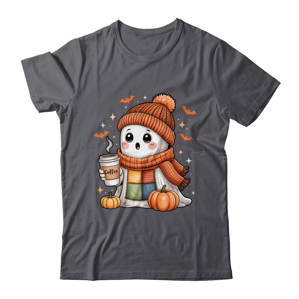 Cute Ghost Drinking Coffee Halloween Patchwork Ghost Women Shirt & Hoodie | teecentury