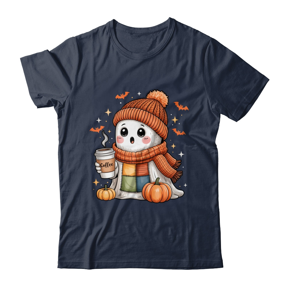 Cute Ghost Drinking Coffee Halloween Patchwork Ghost Women Shirt & Hoodie | teecentury