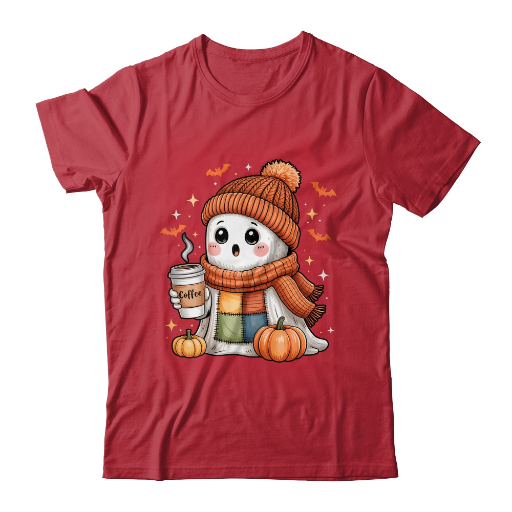 Cute Ghost Drinking Coffee Halloween Patchwork Ghost Women Shirt & Hoodie | teecentury
