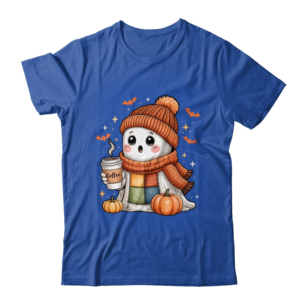 Cute Ghost Drinking Coffee Halloween Patchwork Ghost Women Shirt & Hoodie | teecentury