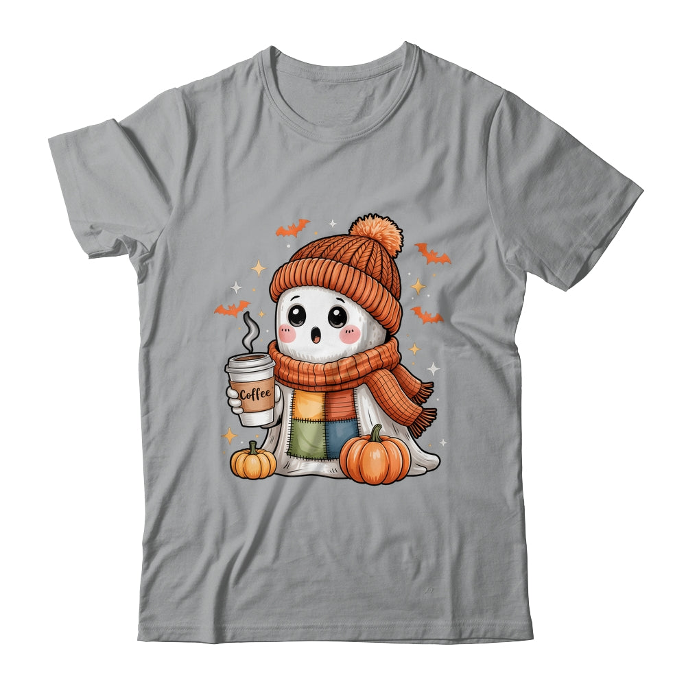 Cute Ghost Drinking Coffee Halloween Patchwork Ghost Women Shirt & Hoodie | teecentury