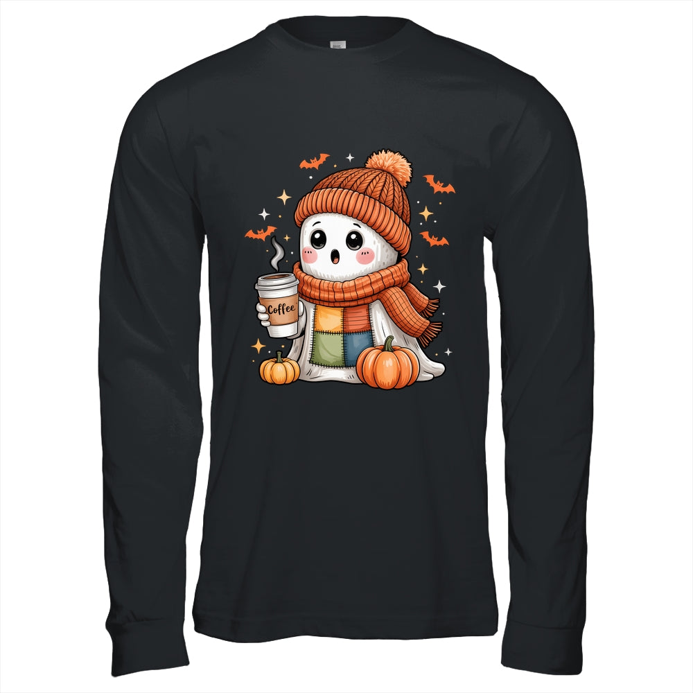 Cute Ghost Drinking Coffee Halloween Patchwork Ghost Women Shirt & Hoodie | teecentury