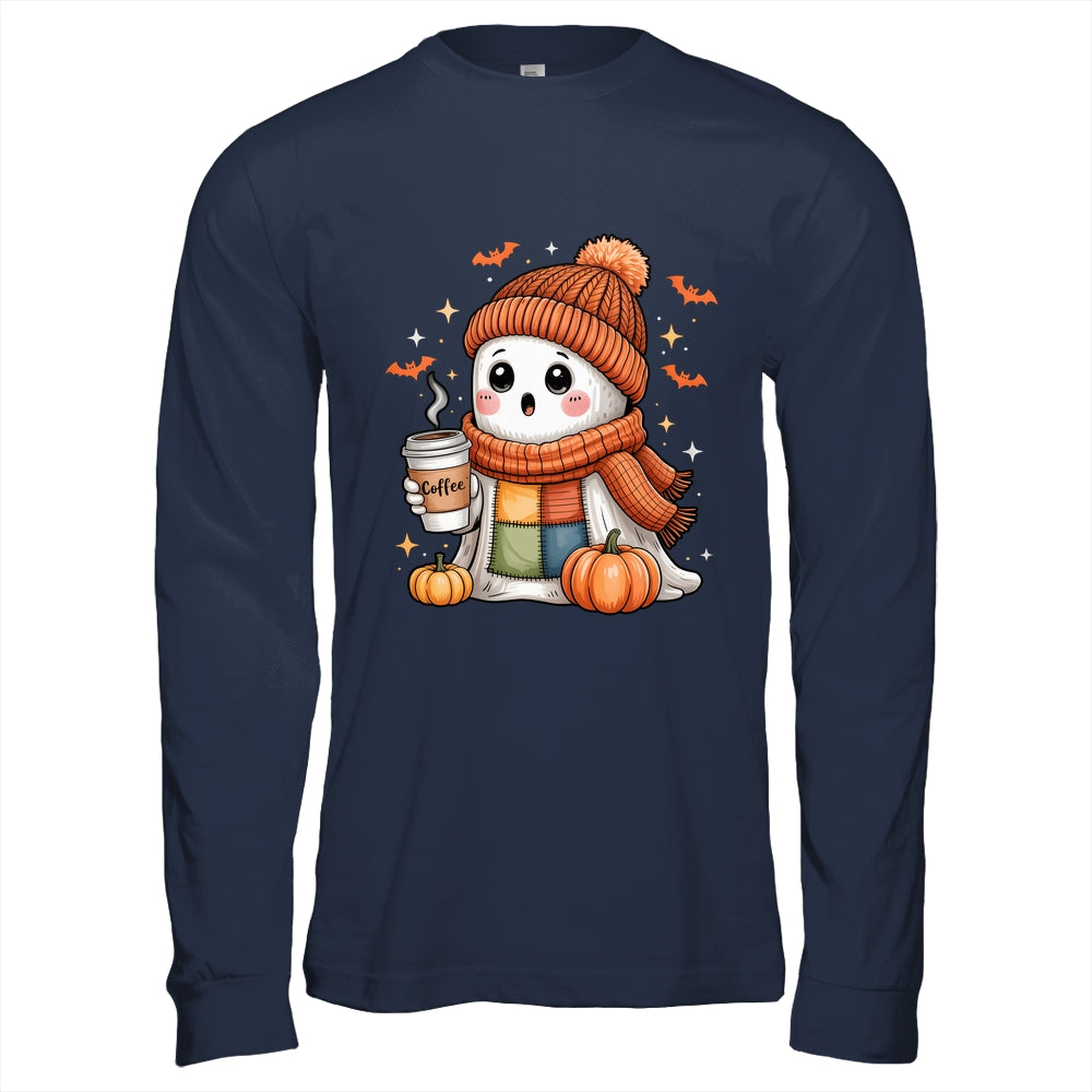 Cute Ghost Drinking Coffee Halloween Patchwork Ghost Women Shirt & Hoodie | teecentury