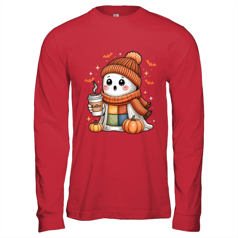 Cute Ghost Drinking Coffee Halloween Patchwork Ghost Women Shirt & Hoodie | teecentury