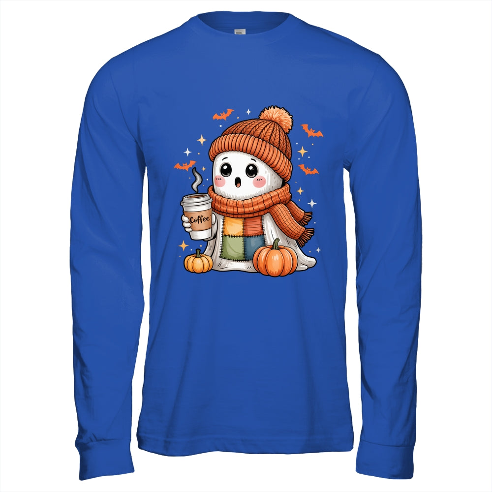 Cute Ghost Drinking Coffee Halloween Patchwork Ghost Women Shirt & Hoodie | teecentury
