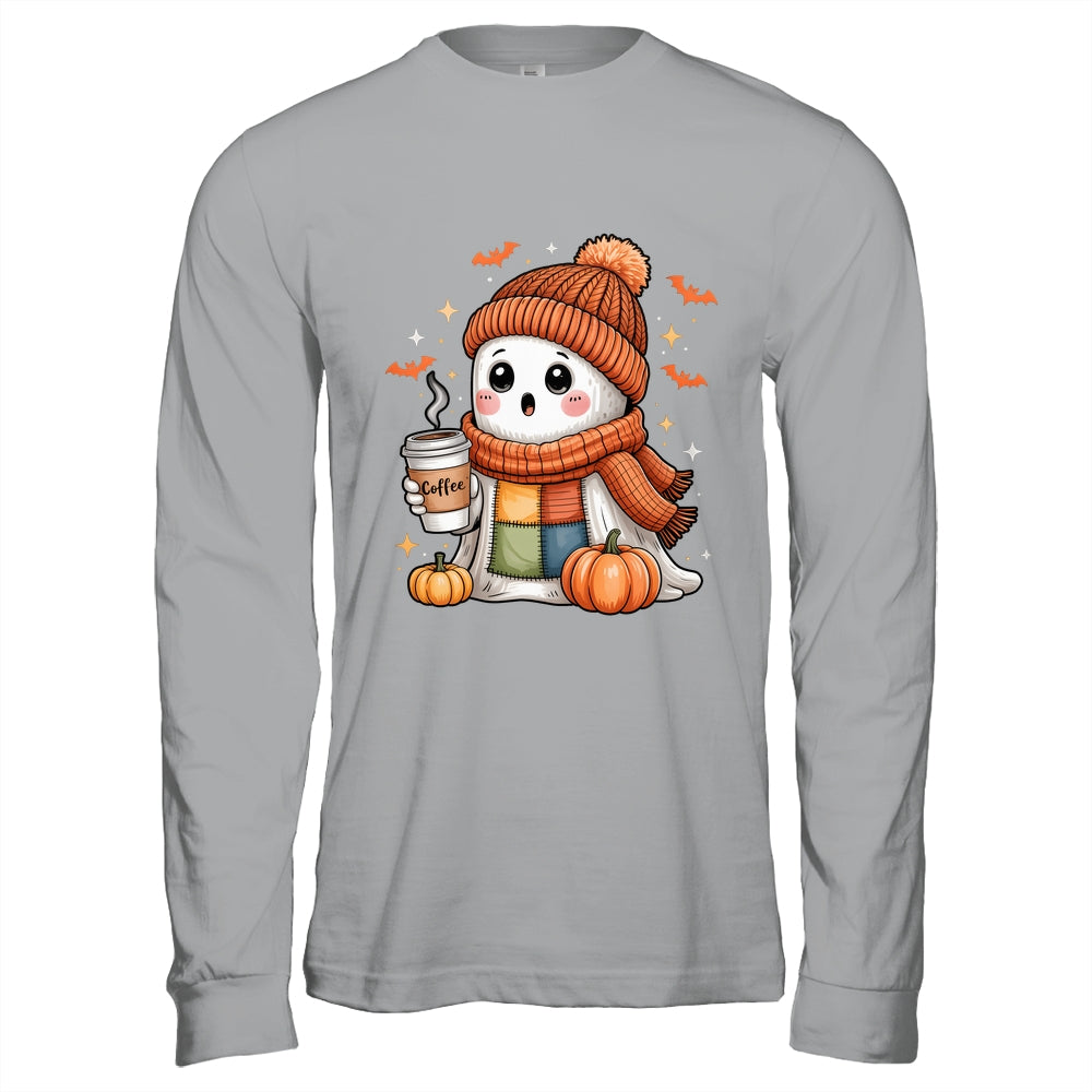 Cute Ghost Drinking Coffee Halloween Patchwork Ghost Women Shirt & Hoodie | teecentury