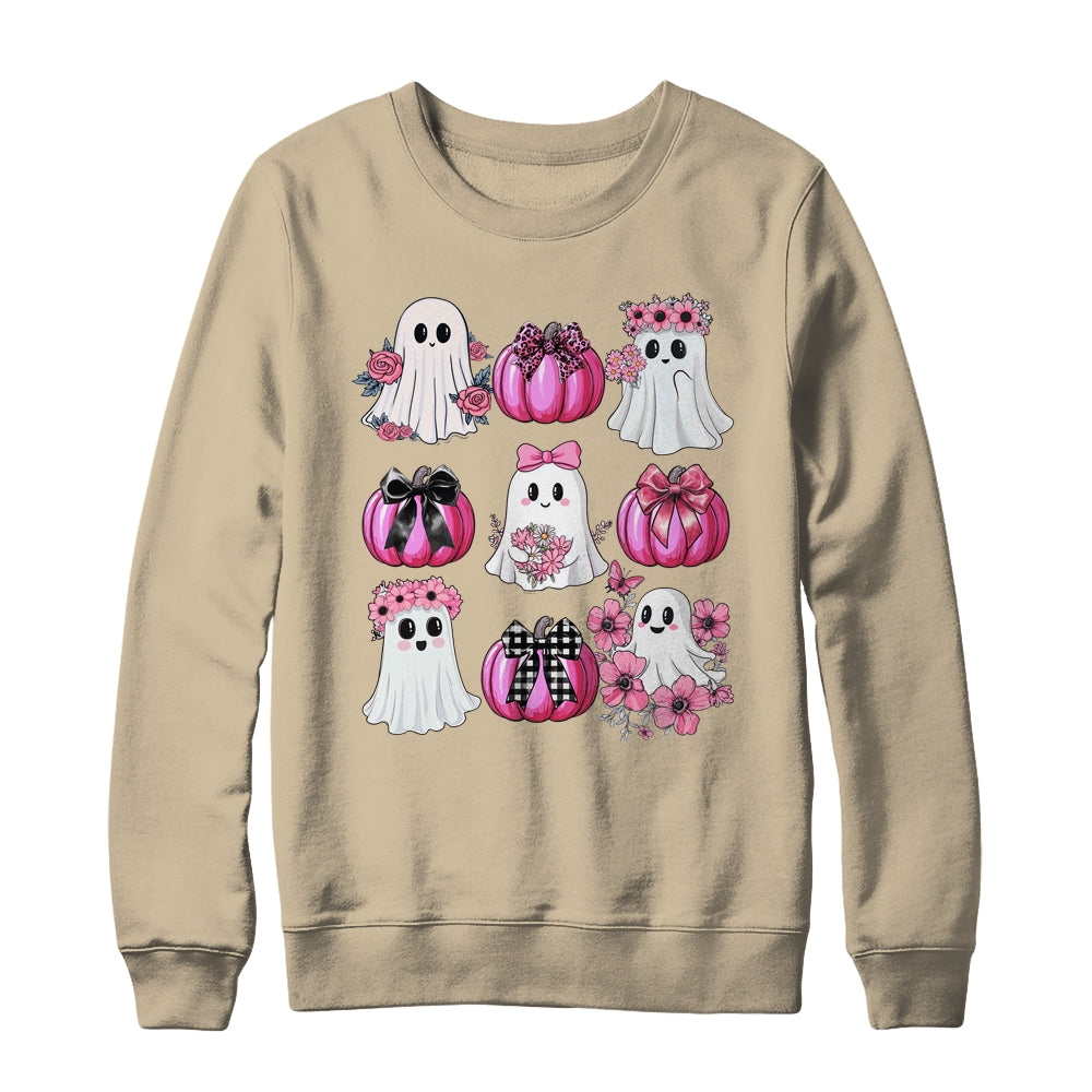 Cute Ghost Florals Pink Coquette Bows Pumpkins Halloween Shirt & Sweatshirt | teecentury