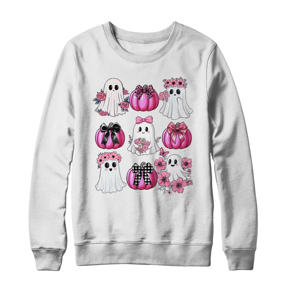 Cute Ghost Florals Pink Coquette Bows Pumpkins Halloween Shirt & Sweatshirt | teecentury