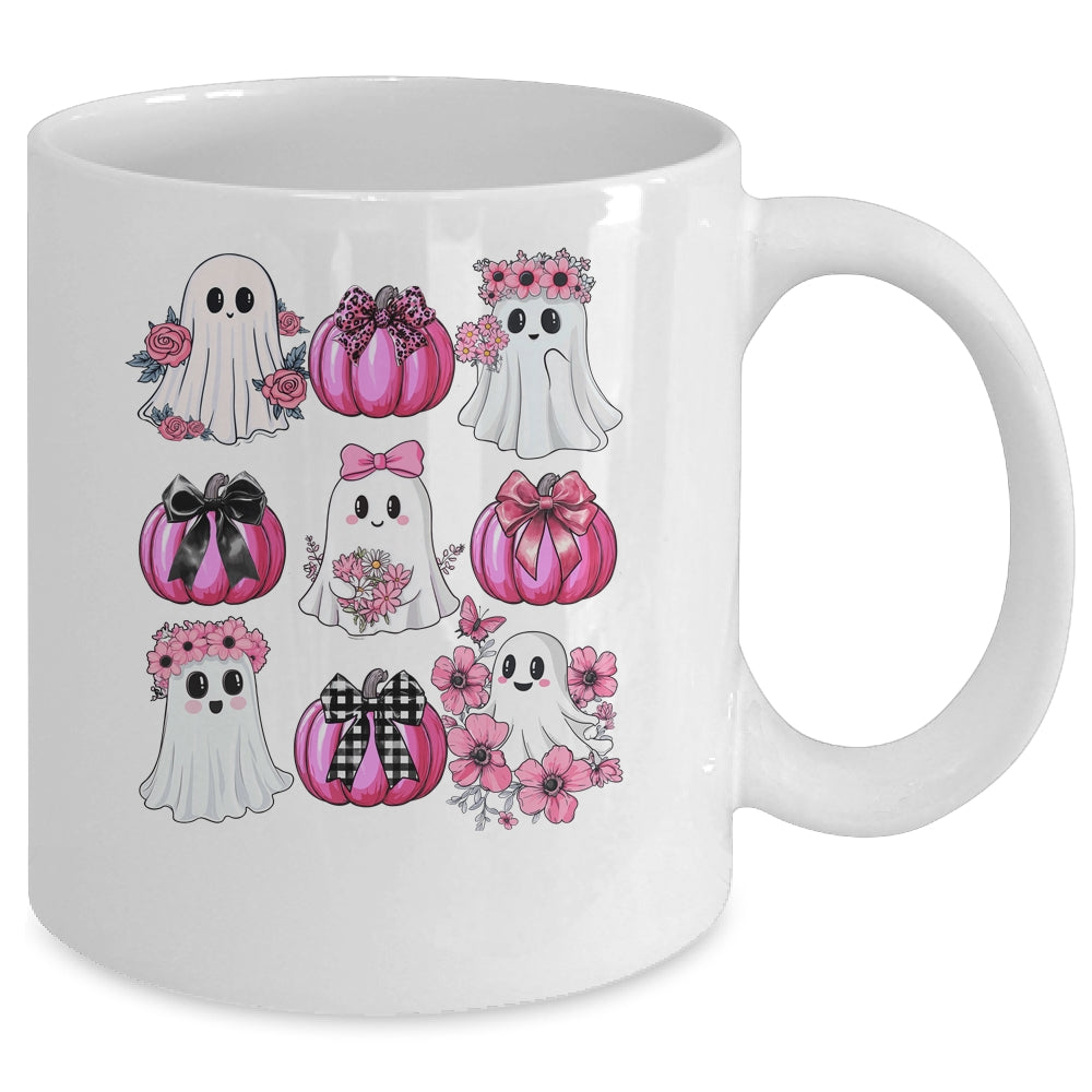 Cute Ghost Florals Pink Coquette Bows Pumpkins Halloween Mug | teecentury
