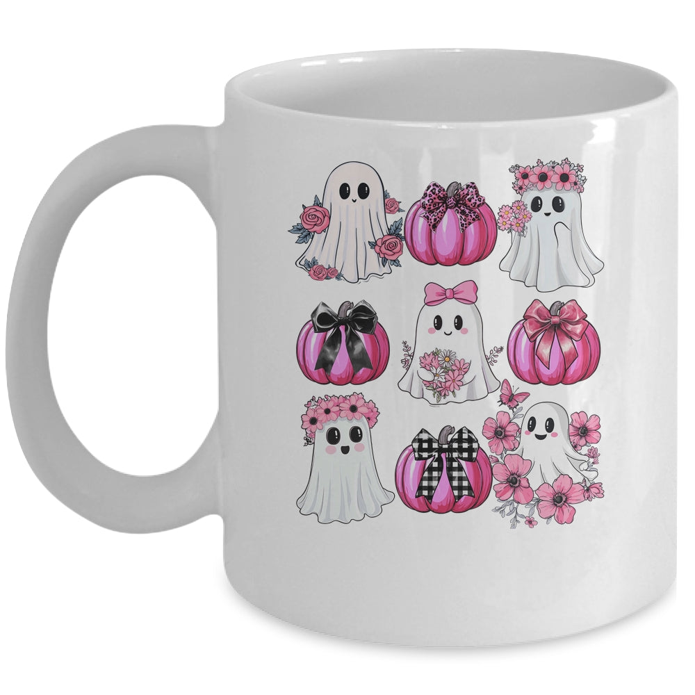 Cute Ghost Florals Pink Coquette Bows Pumpkins Halloween Mug | teecentury