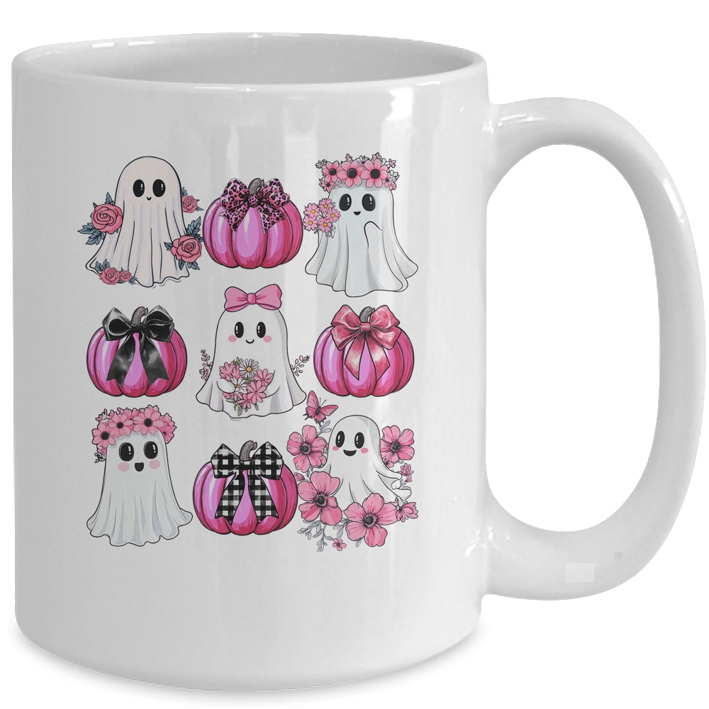 Cute Ghost Florals Pink Coquette Bows Pumpkins Halloween Mug | teecentury