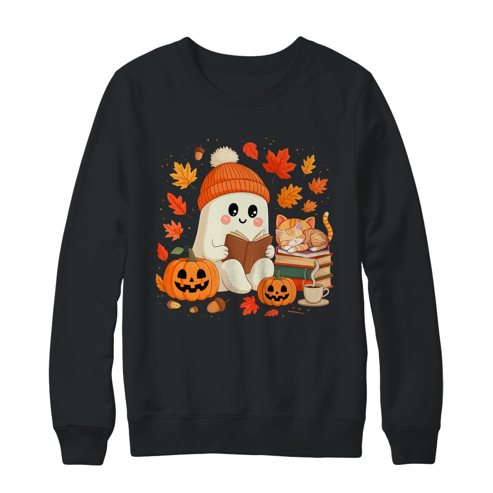 Cute Ghost Reading Book Lovers Autumn Fall Halloween Ghost Shirt & Sweatshirt | teecentury