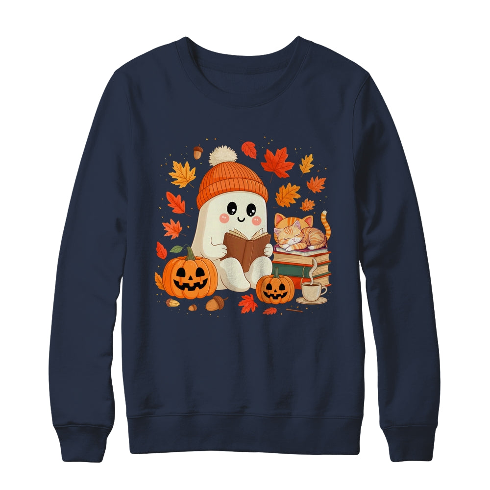 Cute Ghost Reading Book Lovers Autumn Fall Halloween Ghost Shirt & Sweatshirt | teecentury