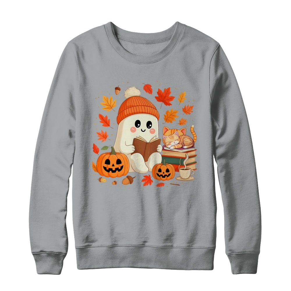 Cute Ghost Reading Book Lovers Autumn Fall Halloween Ghost Shirt & Sweatshirt | teecentury