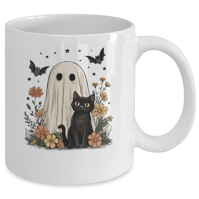 Cute Halloween Ghost And Cat Retro Spooky Season Floral Mug | teecentury