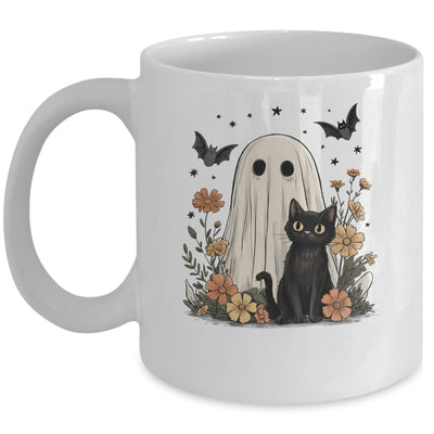 Cute Halloween Ghost And Cat Retro Spooky Season Floral Mug | teecentury
