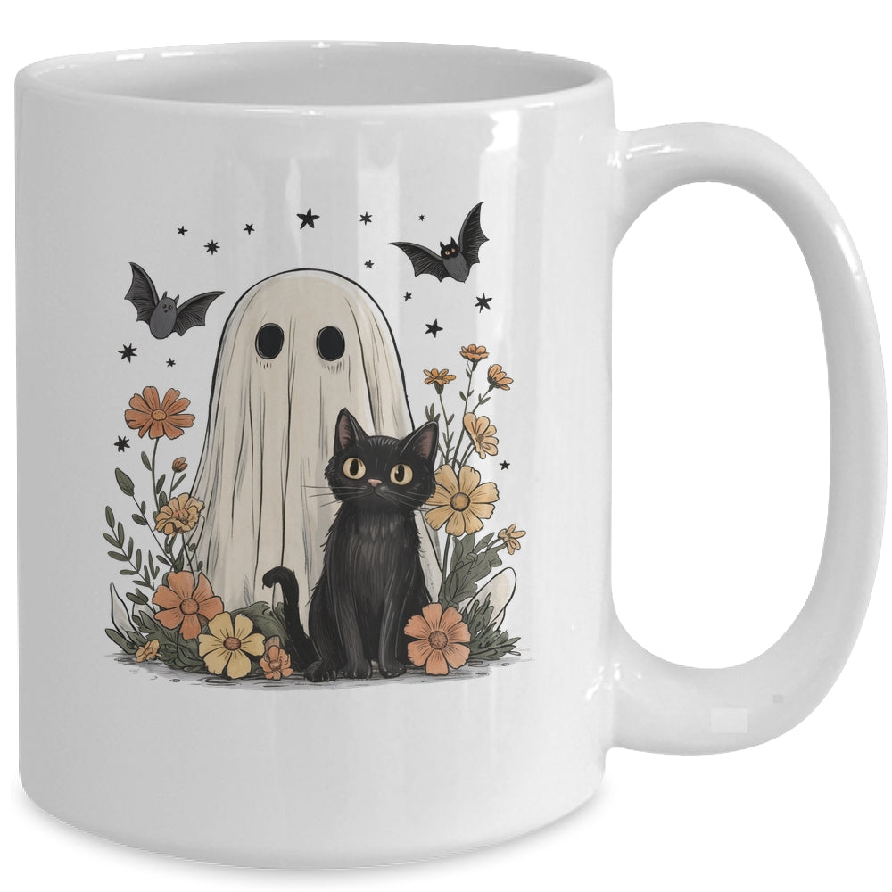 Cute Halloween Ghost And Cat Retro Spooky Season Floral Mug | teecentury