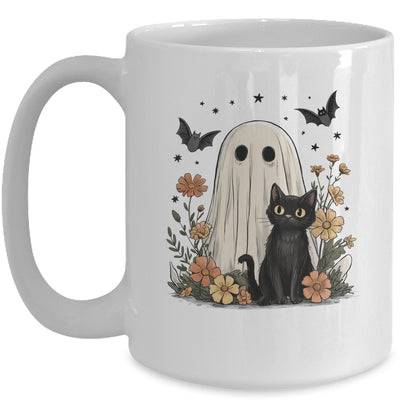 Cute Halloween Ghost And Cat Retro Spooky Season Floral Mug | teecentury