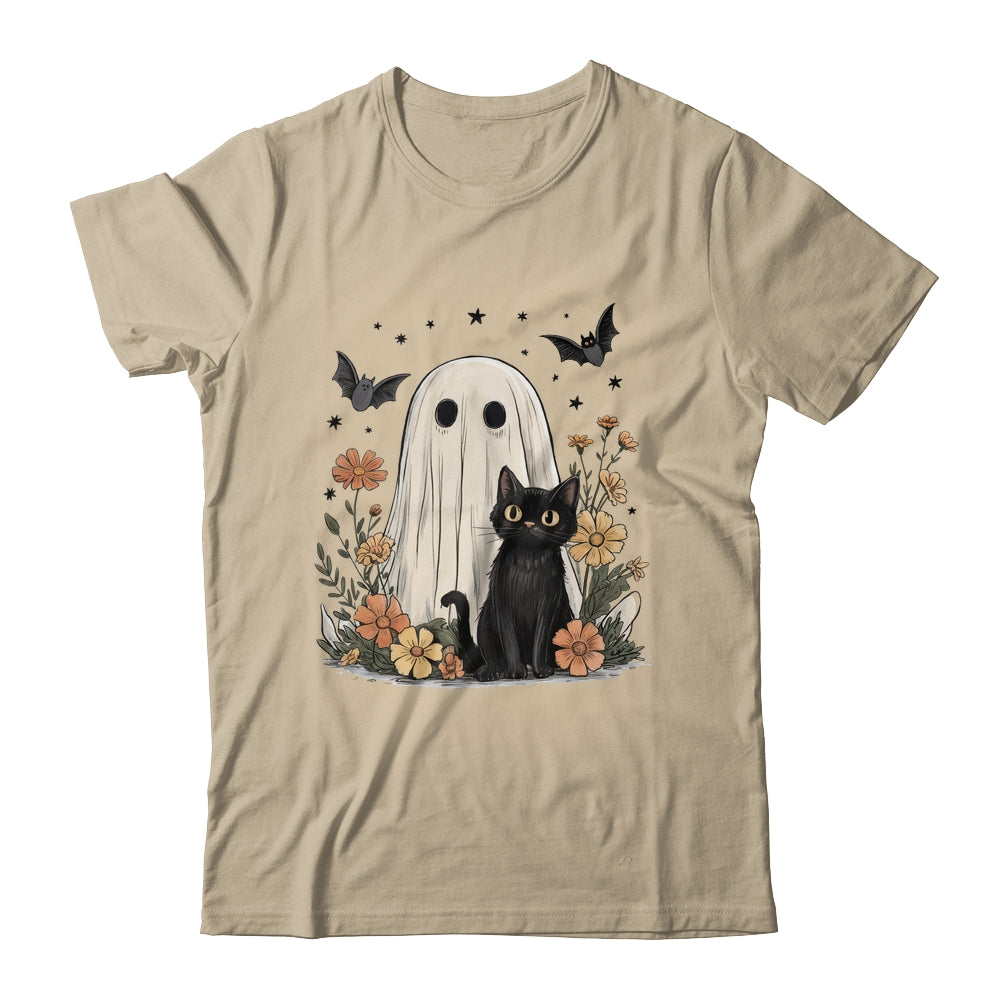 Cute Halloween Ghost And Cat Retro Spooky Season Floral Shirt & Sweatshirt | teecentury