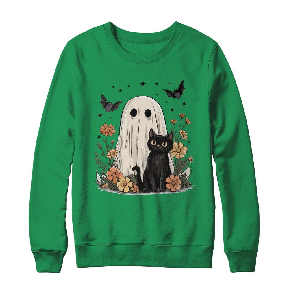 Cute Halloween Ghost And Cat Retro Spooky Season Floral Shirt & Sweatshirt | teecentury