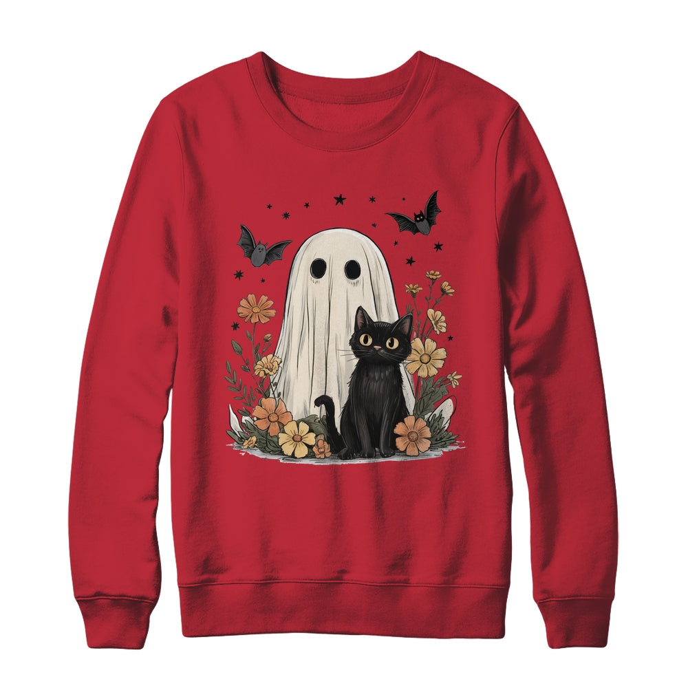 Cute Halloween Ghost And Cat Retro Spooky Season Floral Shirt & Sweatshirt | teecentury
