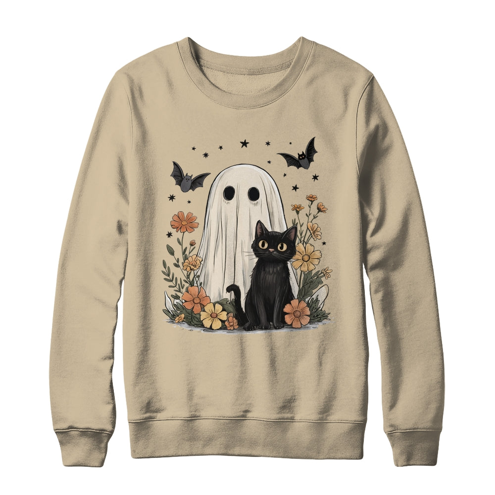 Cute Halloween Ghost And Cat Retro Spooky Season Floral Shirt & Sweatshirt | teecentury