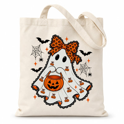 Cute Halloween Ghost Tote Bag With Orange Bow Pumpkin Bucket Aesthetic Canvas Reusable Shopping Bags For Women Trick Or Treat Spooky Season Gift Shoulder Bag | teecentury