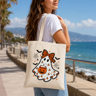 Cute Halloween Ghost Tote Bag With Orange Bow Pumpkin Bucket Aesthetic Canvas Reusable Shopping Bags For Women Trick Or Treat Spooky Season Gift Shoulder Bag | teecentury