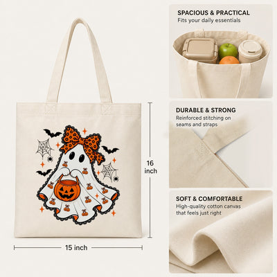 Cute Halloween Ghost Tote Bag With Orange Bow Pumpkin Bucket Aesthetic Canvas Reusable Shopping Bags For Women Trick Or Treat Spooky Season Gift Shoulder Bag | teecentury