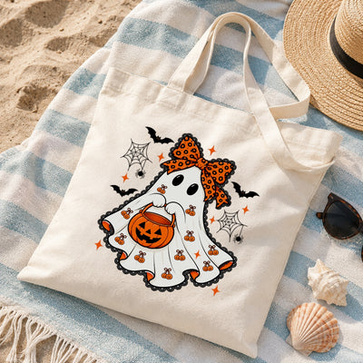 Cute Halloween Ghost Tote Bag With Orange Bow Pumpkin Bucket Aesthetic Canvas Reusable Shopping Bags For Women Trick Or Treat Spooky Season Gift Shoulder Bag | teecentury