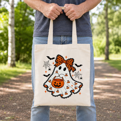 Cute Halloween Ghost Tote Bag With Orange Bow Pumpkin Bucket Aesthetic Canvas Reusable Shopping Bags For Women Trick Or Treat Spooky Season Gift Shoulder Bag | teecentury
